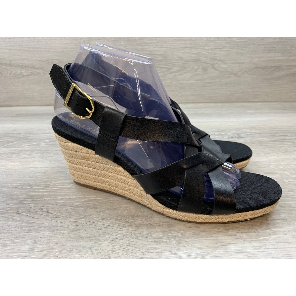 Cole Haan Grand 360 Black Leather Espadrille Wedge Sandals Women's 8.5 Shoes